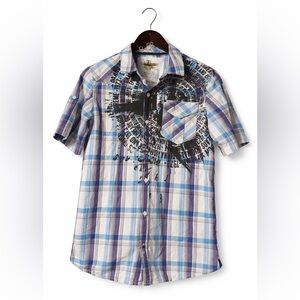 Epic Threads Plaid Graphic Button Front Shirt Blue Purple Short Sleeve Boys XL